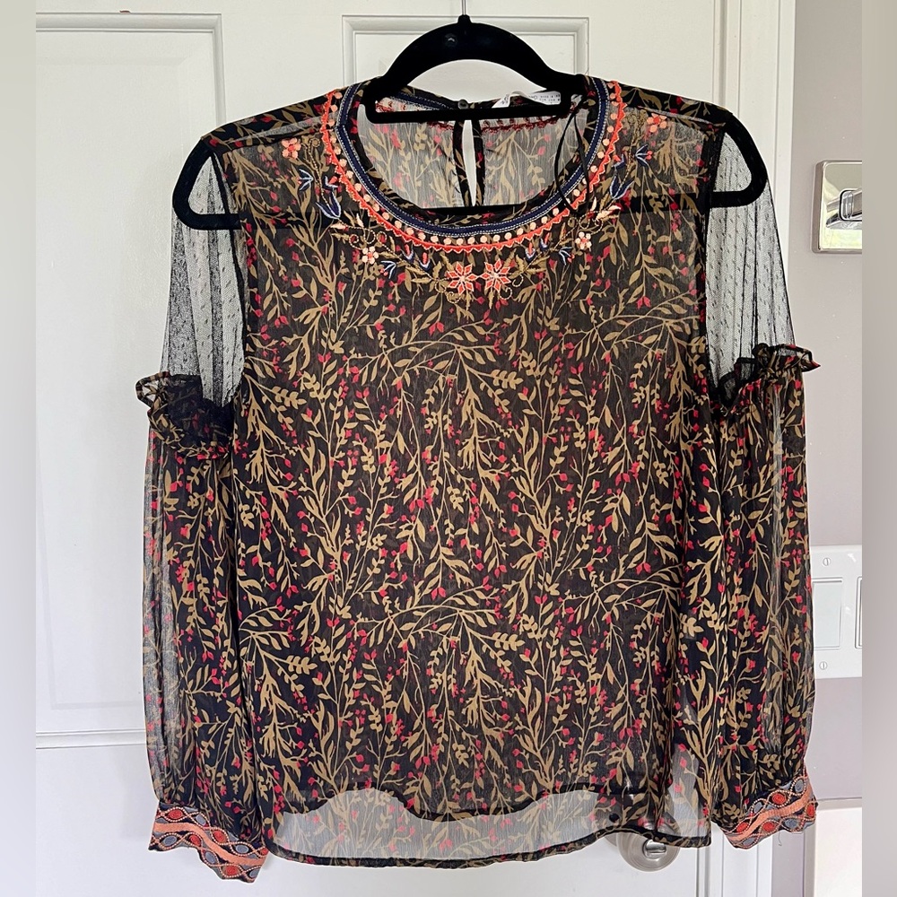 Zara Sheer Black Floral Embroidered Blouse